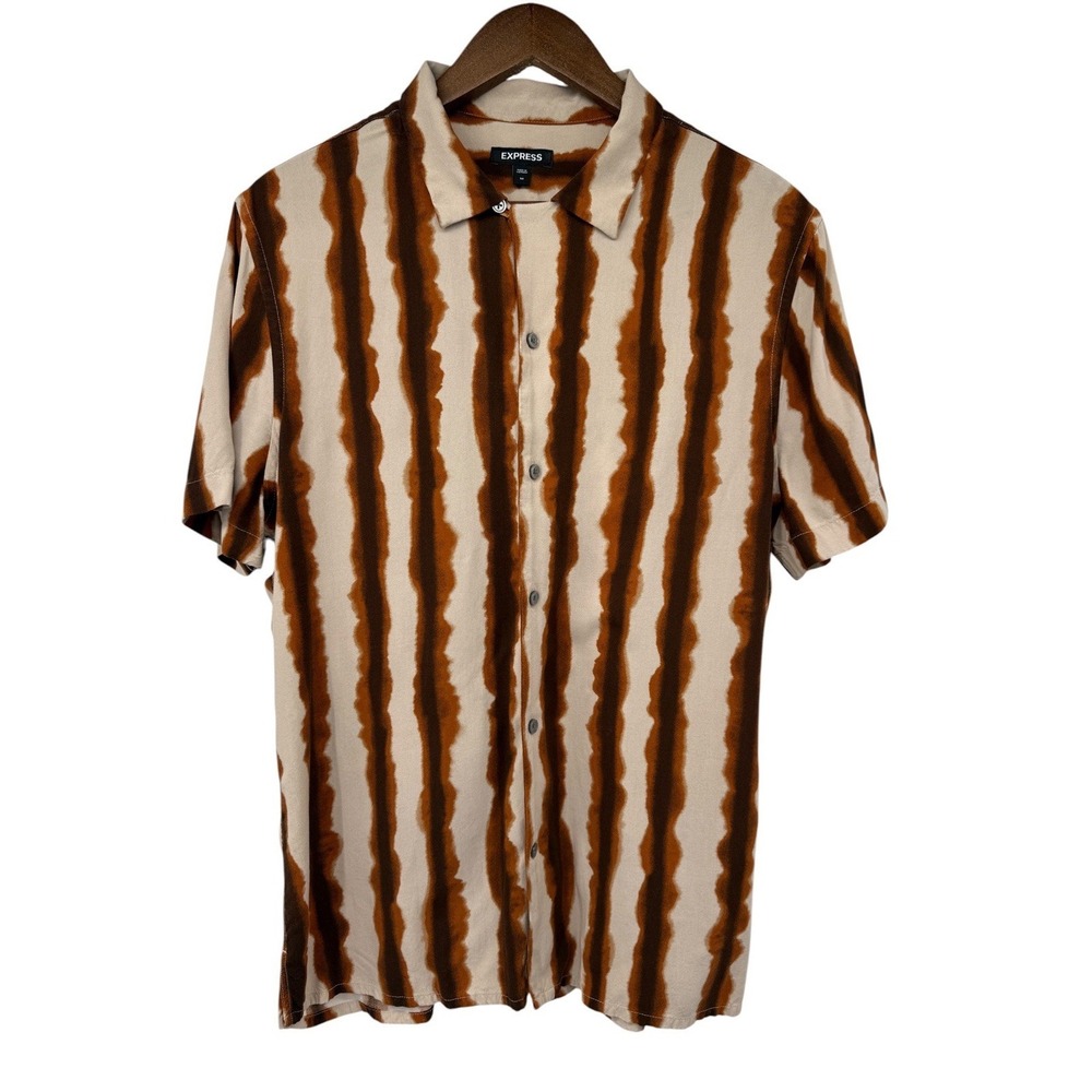 Express Men's Rayon Button Front Shirt Size Medium Brown Cream Abstract Stripe